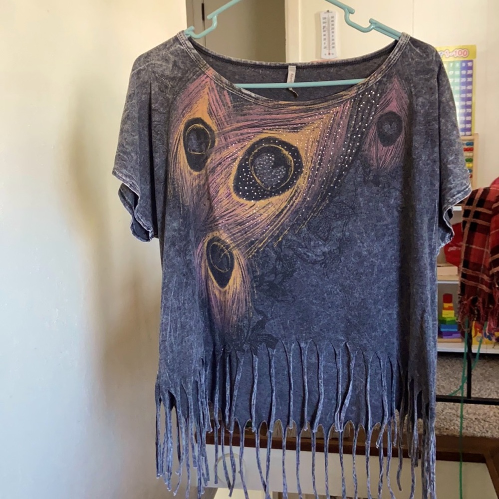 Fringed floaty scoop neck, off the shoulder shirt